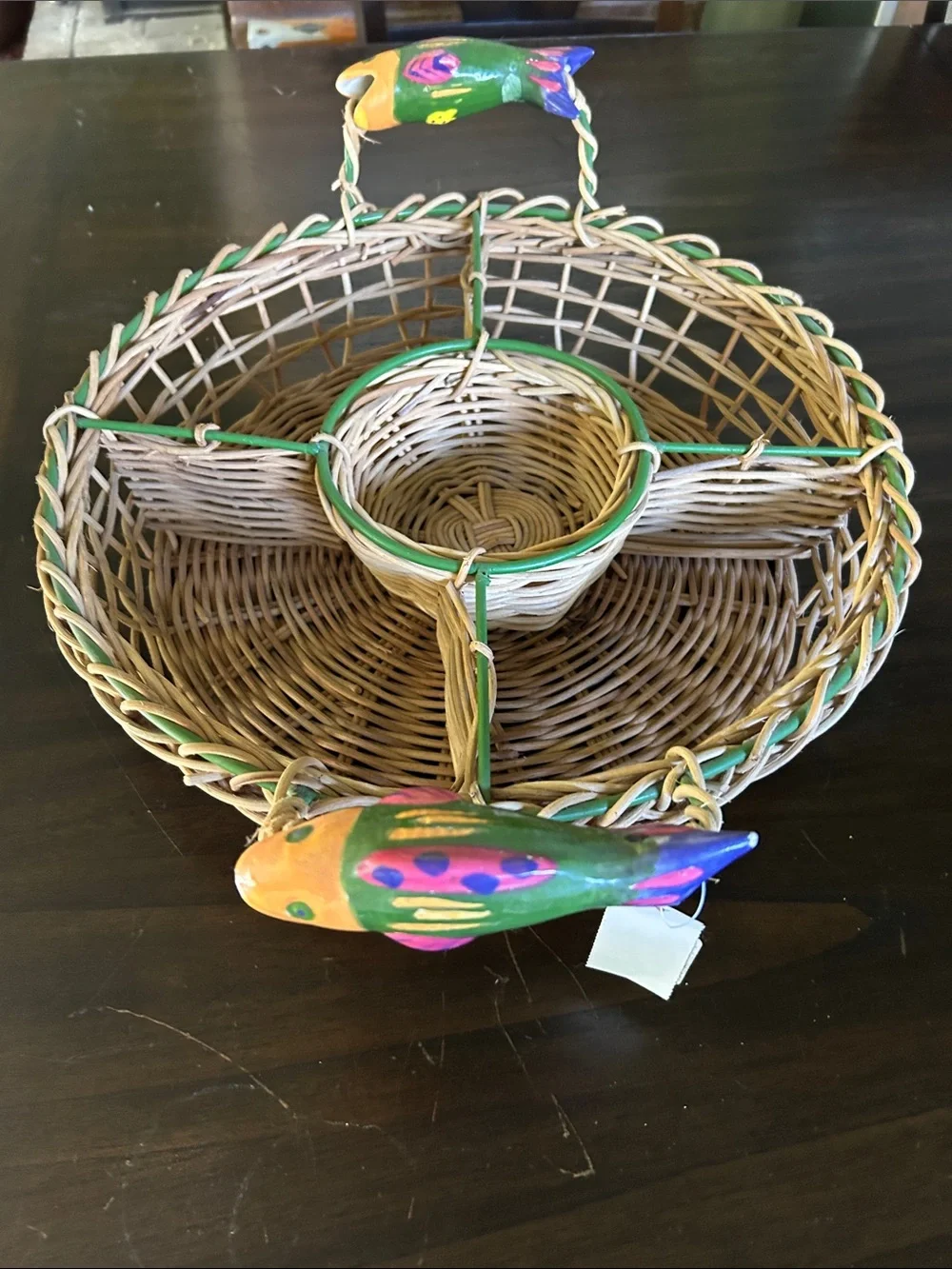 Woven Wicker Divided Serving Basket with Green Trim and Colorful Fish Accents